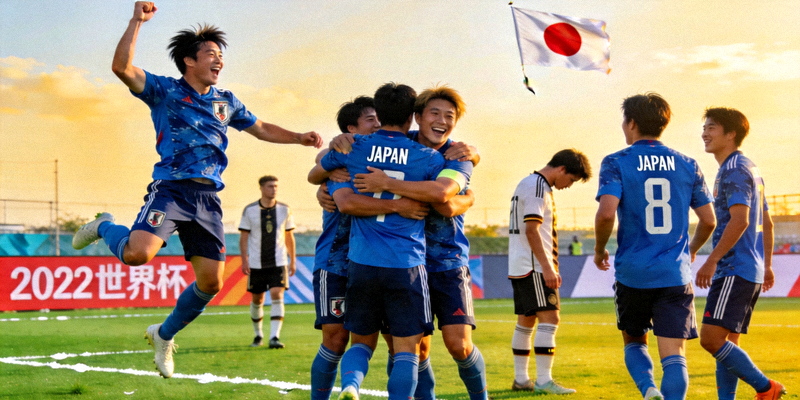 日本队战胜德国队后庆祝胜利